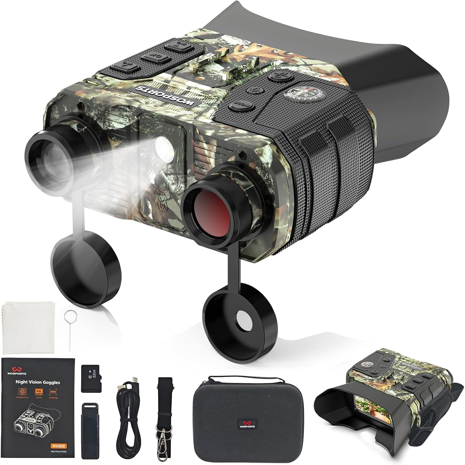 WOSPORTS 4K night vision goggles side view with camo for rugged outdoor use