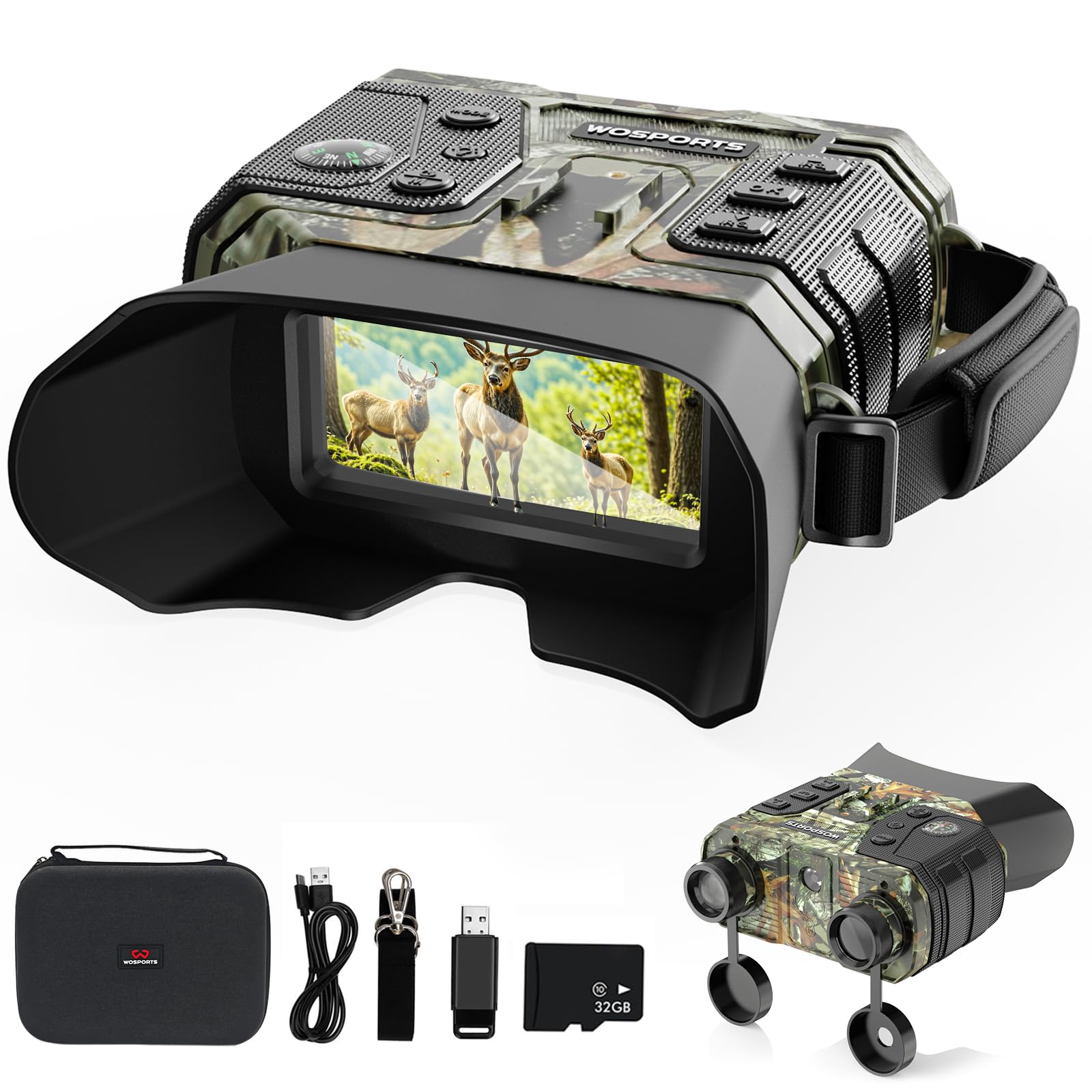WOSPORTS 4K night-vision goggles front view for quick outdoors setup and hunting prep.
