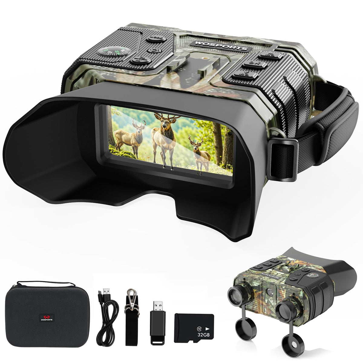 WOSPORTS 4K night-vision goggles front view for quick outdoors setup and hunting prep.