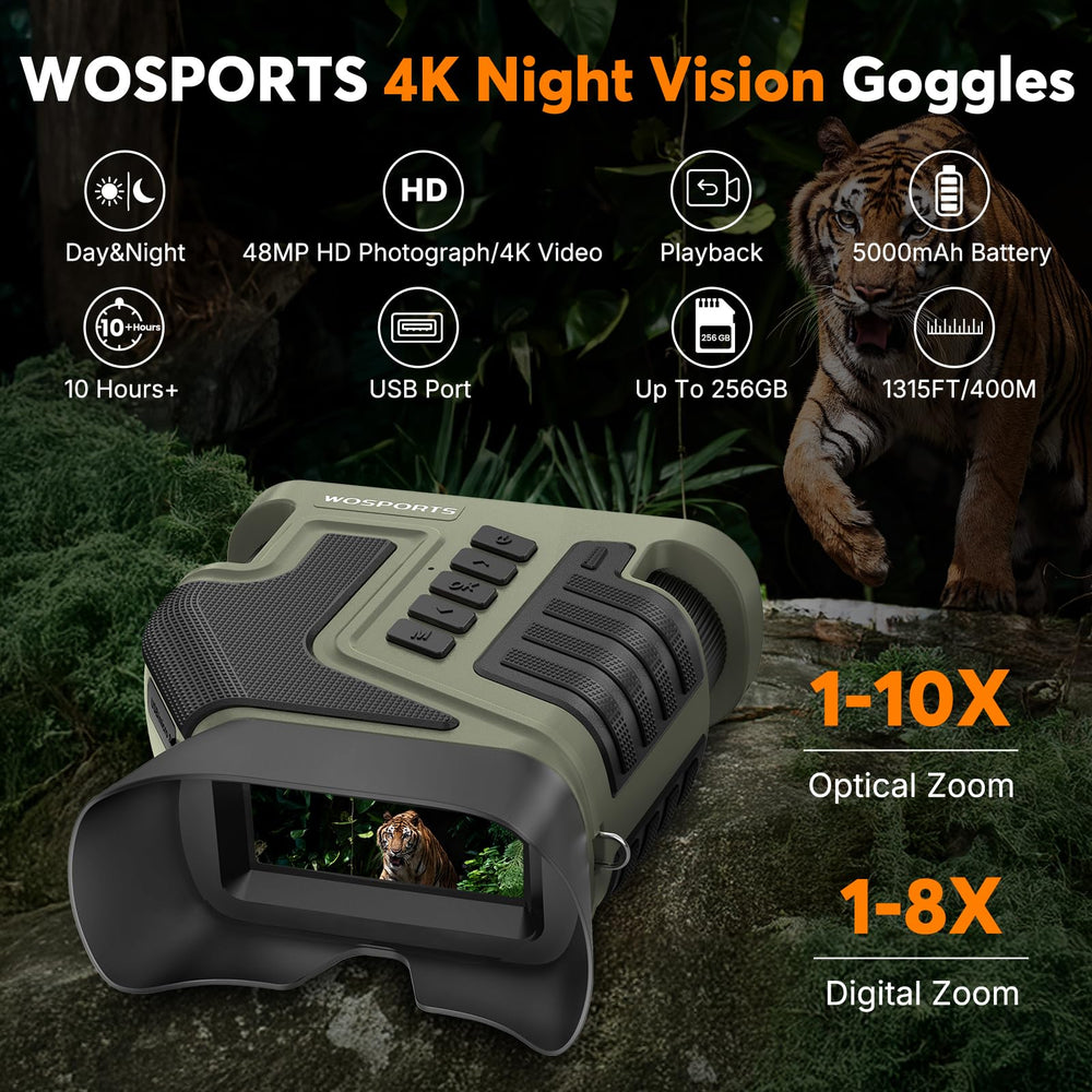 WOSPORTS 4K night vision goggles with 3 inch screen for real time wildlife viewing
