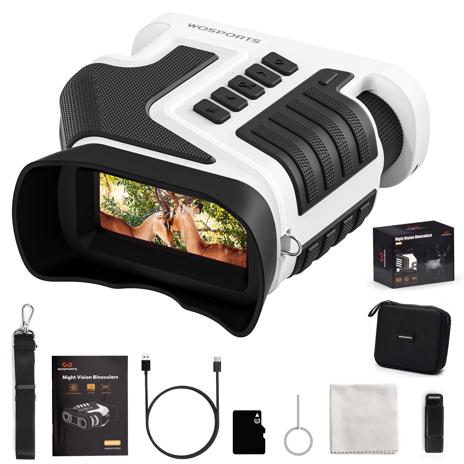 WOSPORTS 4K night vision goggles setup for outdoor surveillance.