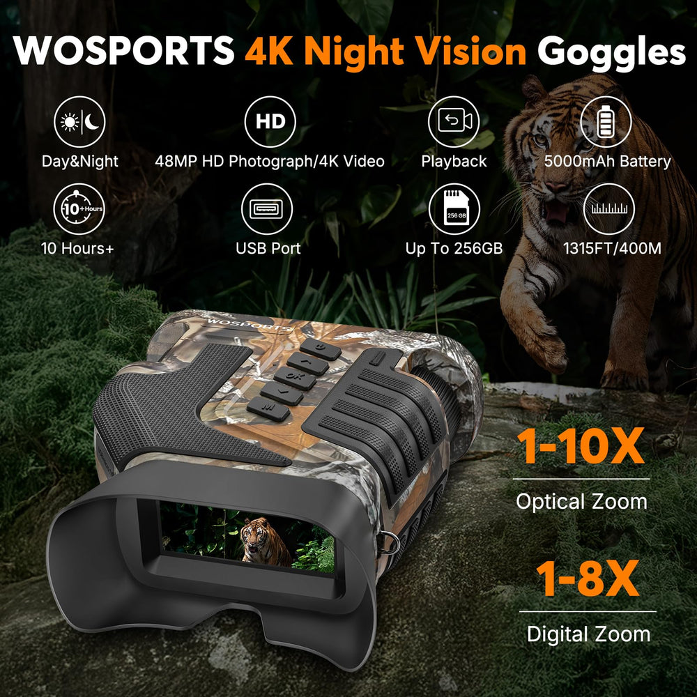 WOSPORTS 4K night vision goggles side view with ergonomic grip for long outdoor sessions
