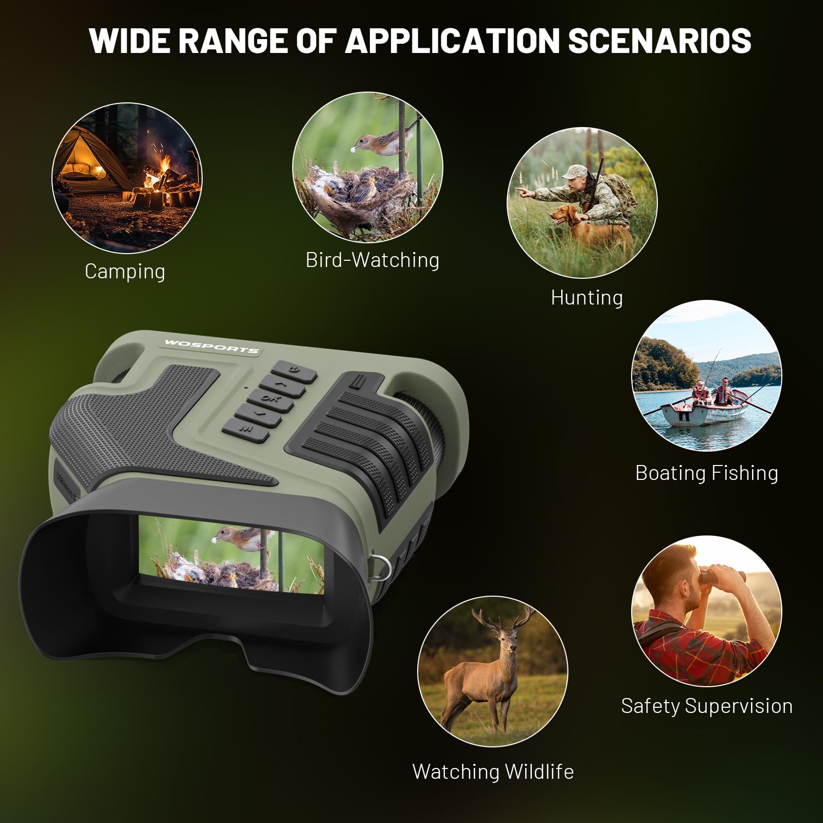 WOSPORTS 4K video recording with 32GB card and expandable up to 256GB.