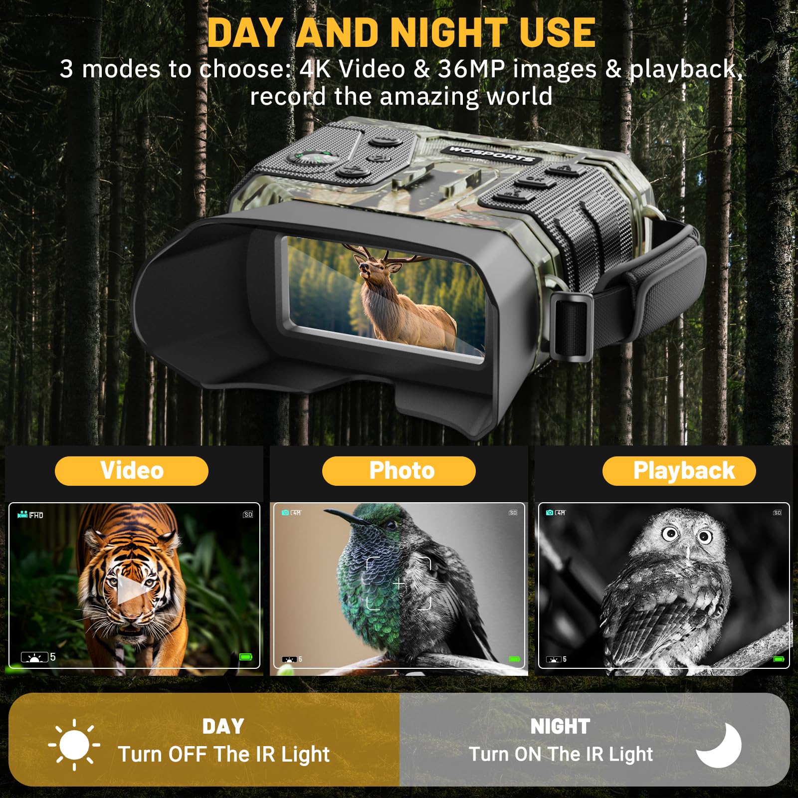 WOSPORTS 4K night-vision zoom 8x close-up view enhances distant target identification.
