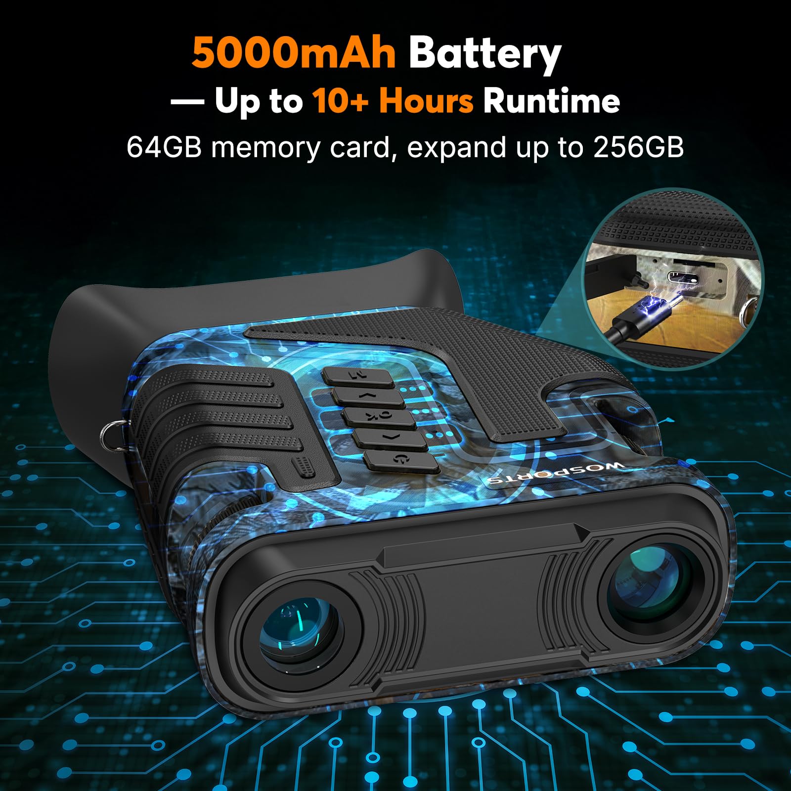 WOSPORTS 5000mAh battery pack powering long field sessions