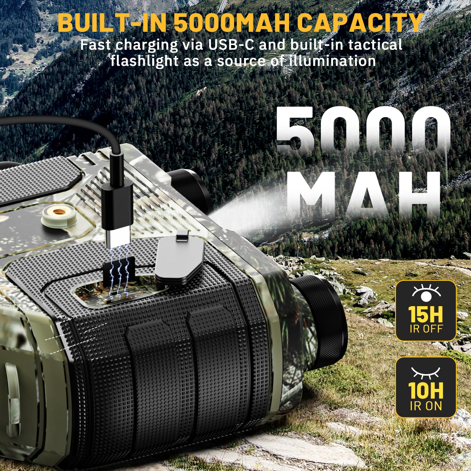 WOSPORTS 5000mAh battery provides extended runtime during outdoor use.