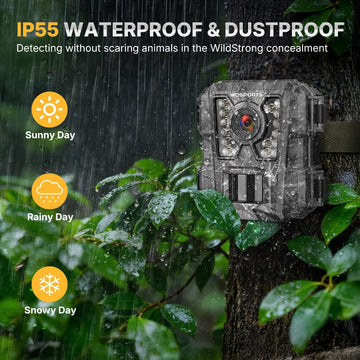 WOSPORTS mini trail camera compact design side-shot highlights discreet placement.