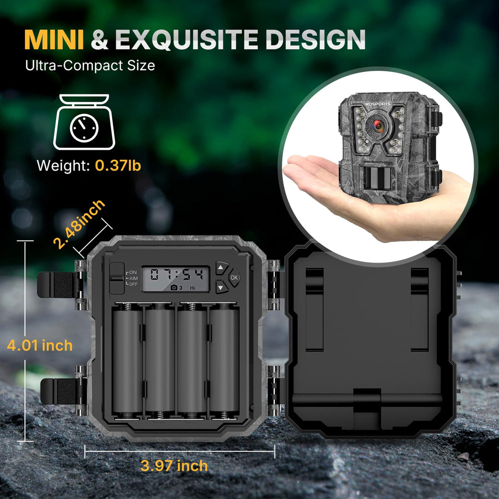 WOSPORTS mini trail camera night vision infrared view enables low-light capture.
