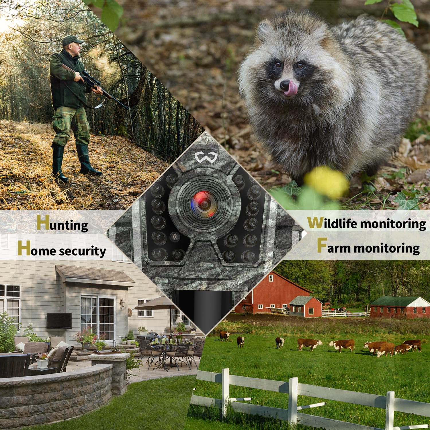 WOSPORTS Mini Trail Camera pack-contents shows four cameras for multi-site monitoring.
