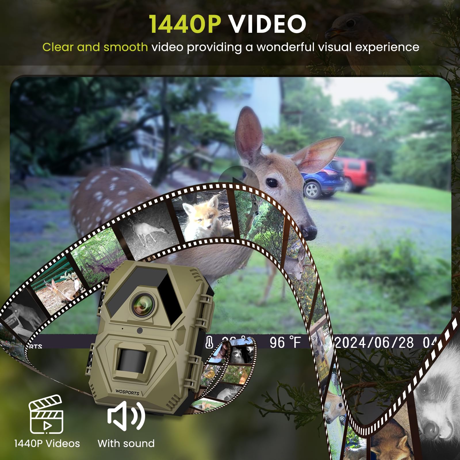 WOSPORTS Mini Trail Camera trigger 0.2s demonstrates fast capture during wildlife activity.