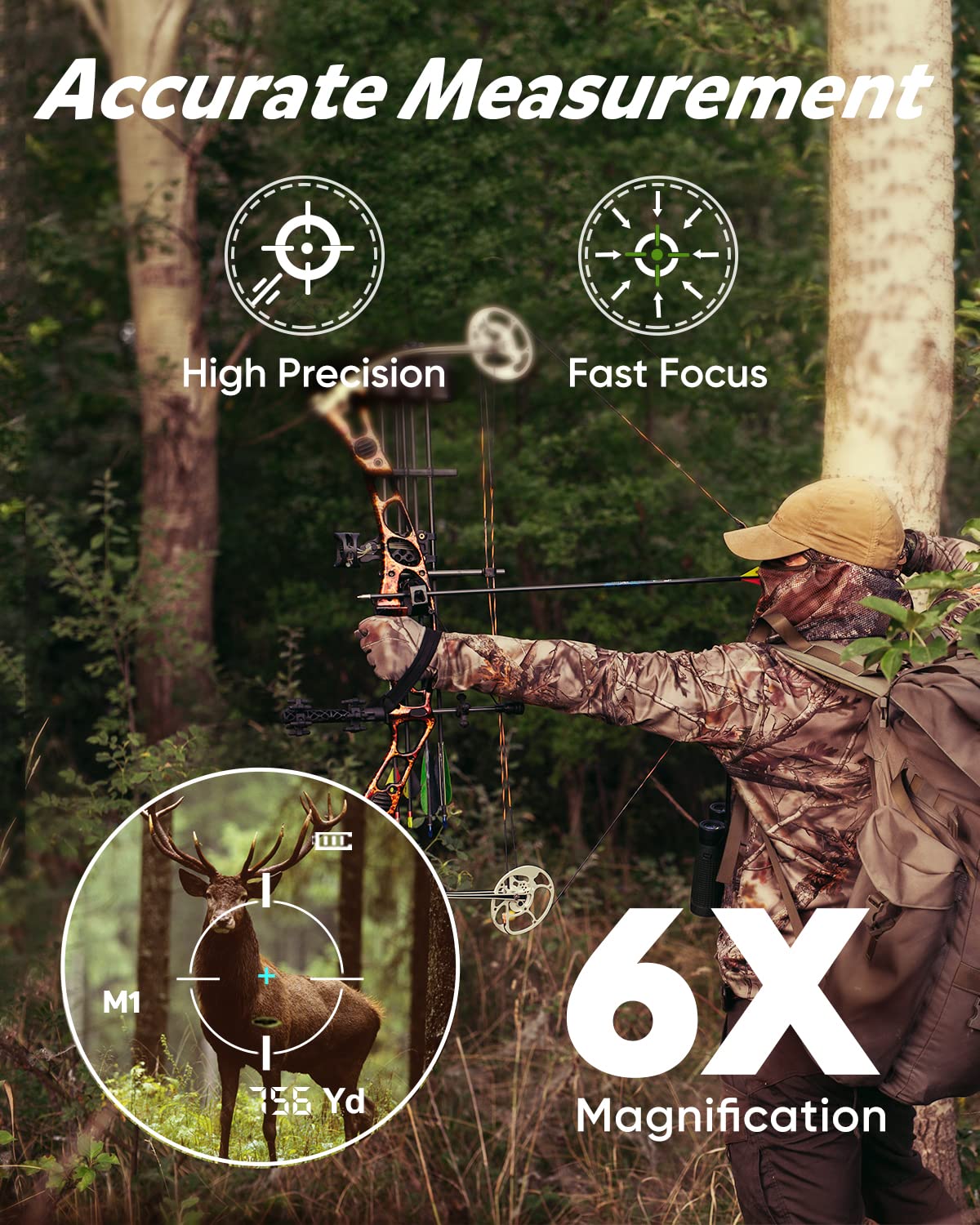 WOSPORTS rangefinder in bow-hunting mode captures angle and distance