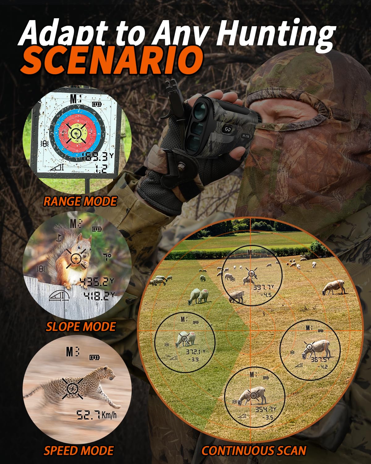 WOSPORTS rangefinder distance readout during dusk hunt improves shot planning.