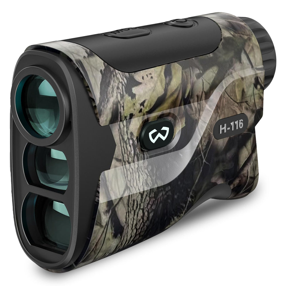 WOSPORTS rangefinder front view for quick field distance checks in open terrain.