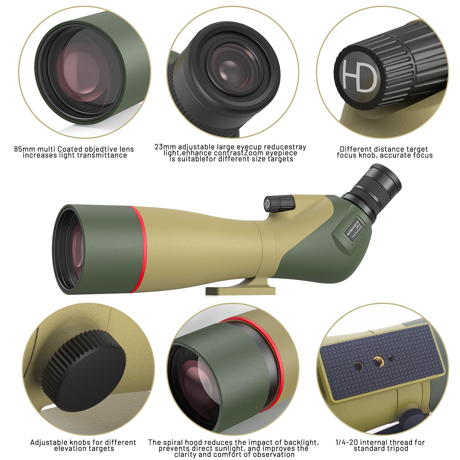 WOSPORTS spotter 85mm objective lens captures bright distant views at dawn