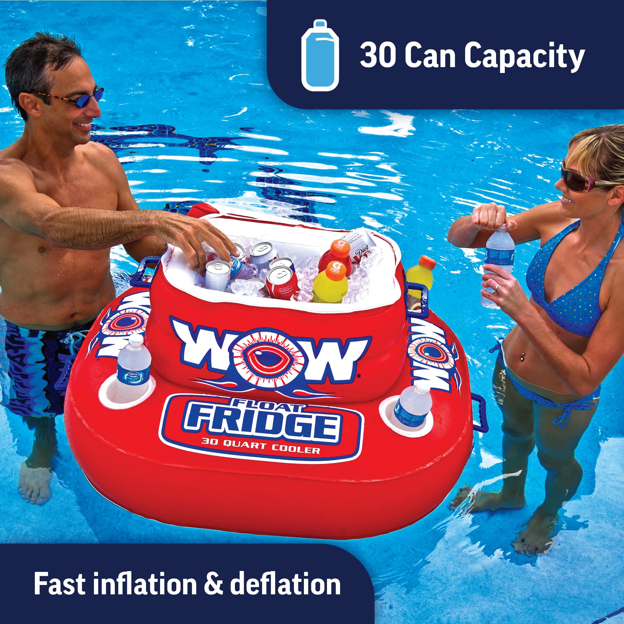 WOW Sports Inflatable Float Fridge side view demonstrates portable pool cooler on the water