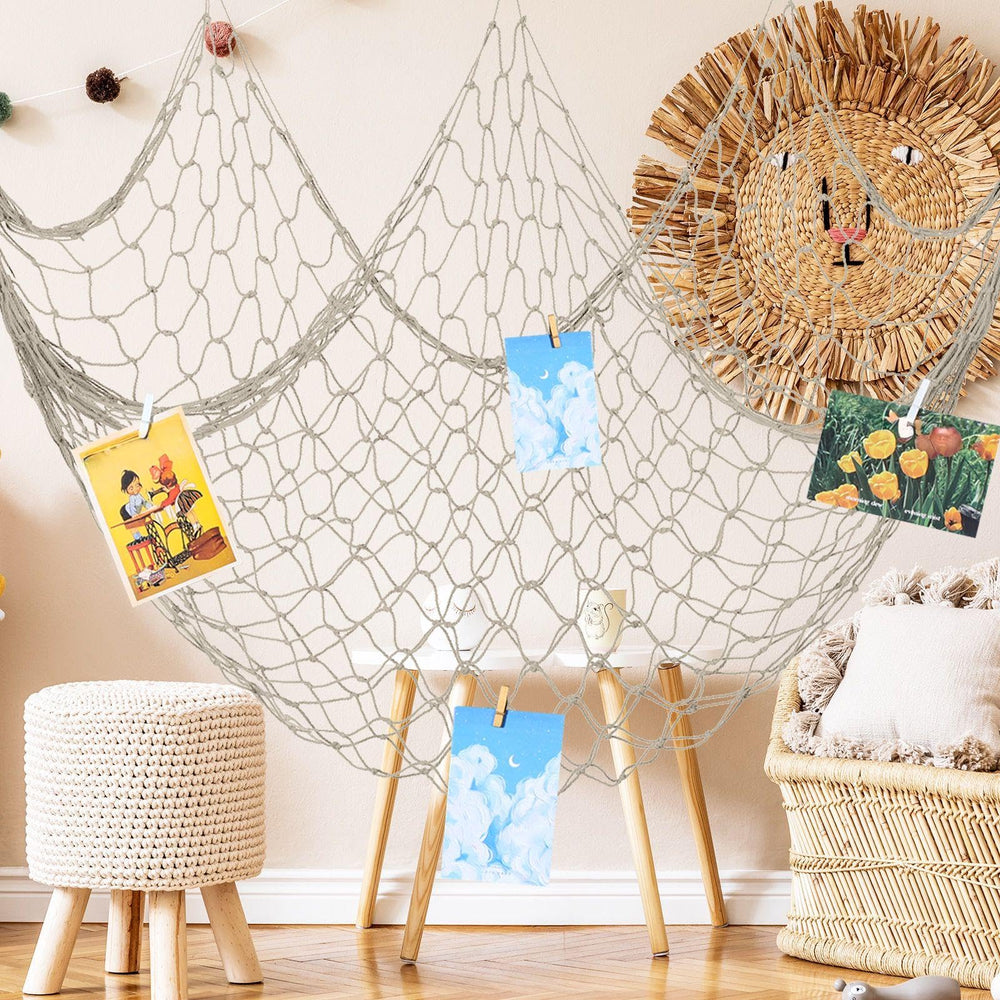 Wowangce fish netting wall hanging decor showcases soft cotton texture and nautical vibe.