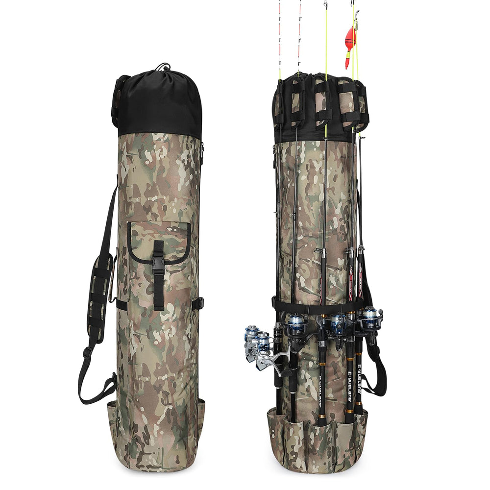 Wowelife fishing pole bag capacity stores five rods and tackle for organized trips.