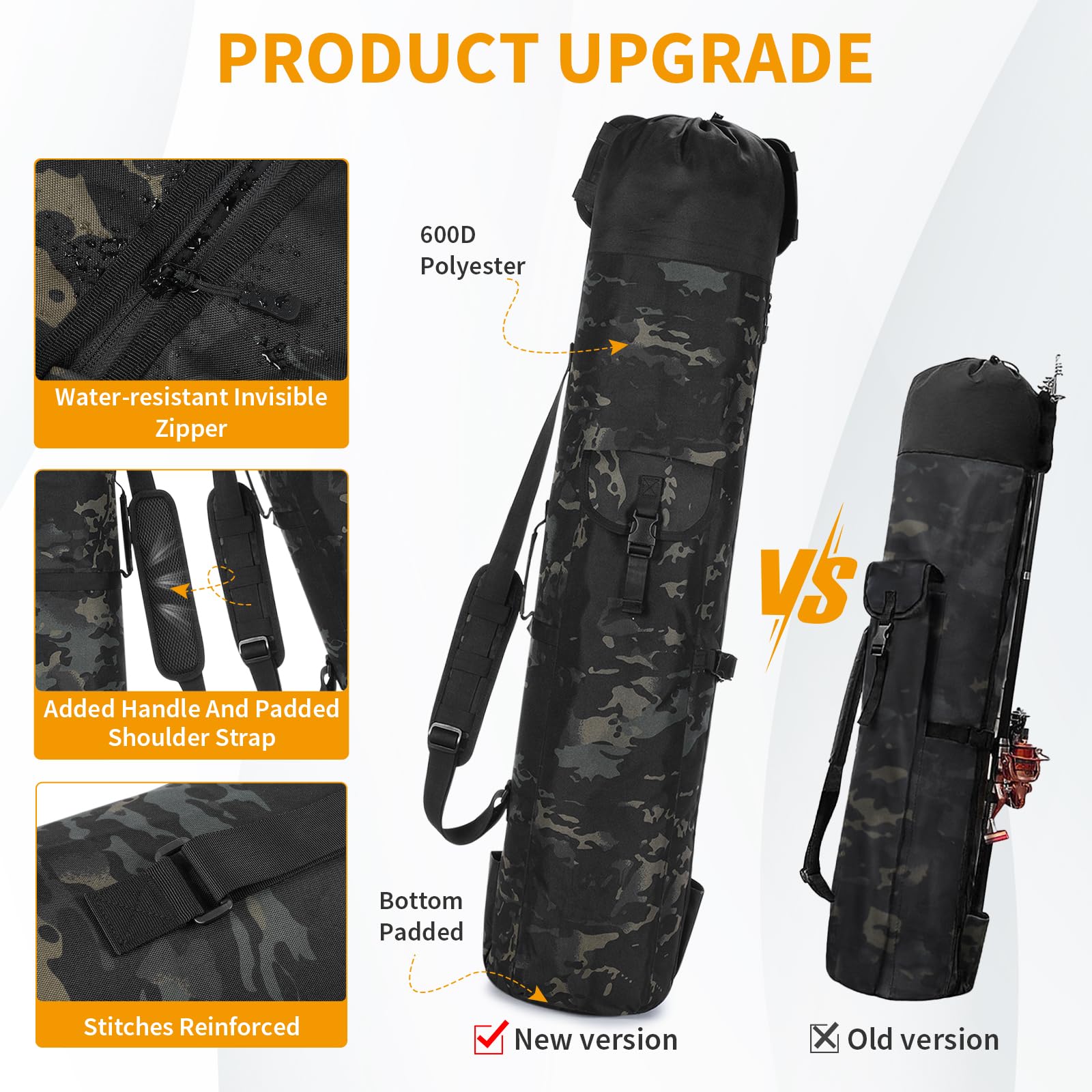 Wowelife fishing rod bag camouflage capacity view shows five-rod integration and gear space