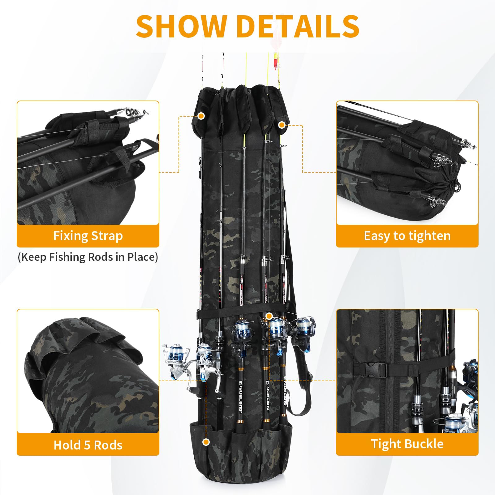 Wowelife fishing rod bag camouflage back view emphasizes backpack style for travel