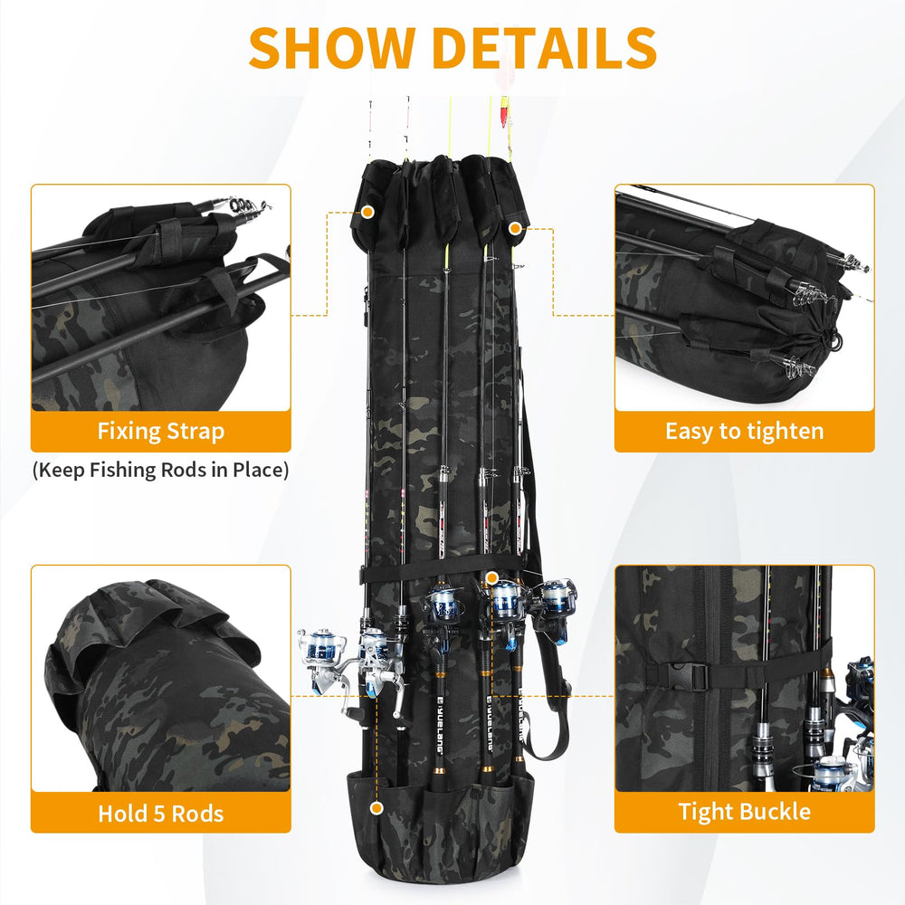 Wowelife fishing rod bag camouflage back view emphasizes backpack style for travel