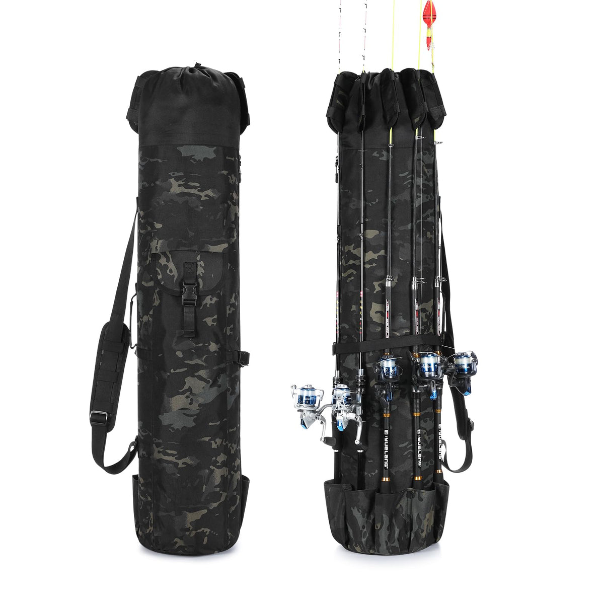 Wowelife fishing rod bag camouflage front view shows roomy five-rod capacity for organized trips