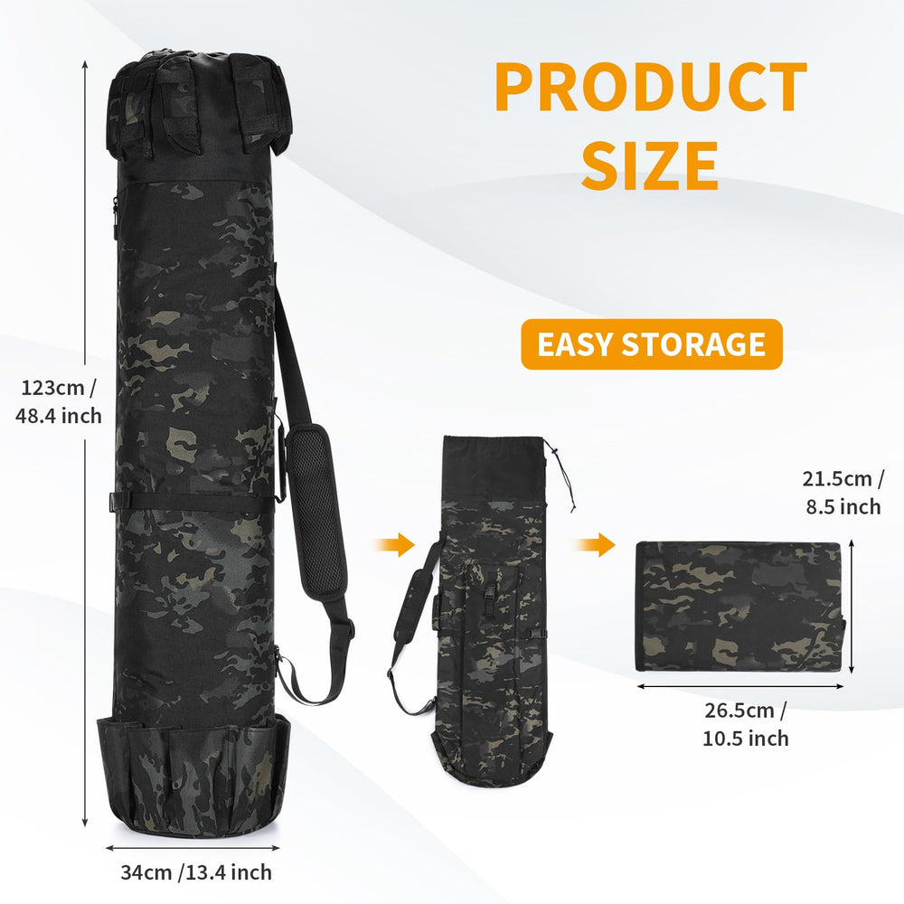 Wowelife fishing rod bag camouflage side pocket highlights quick access to small gear