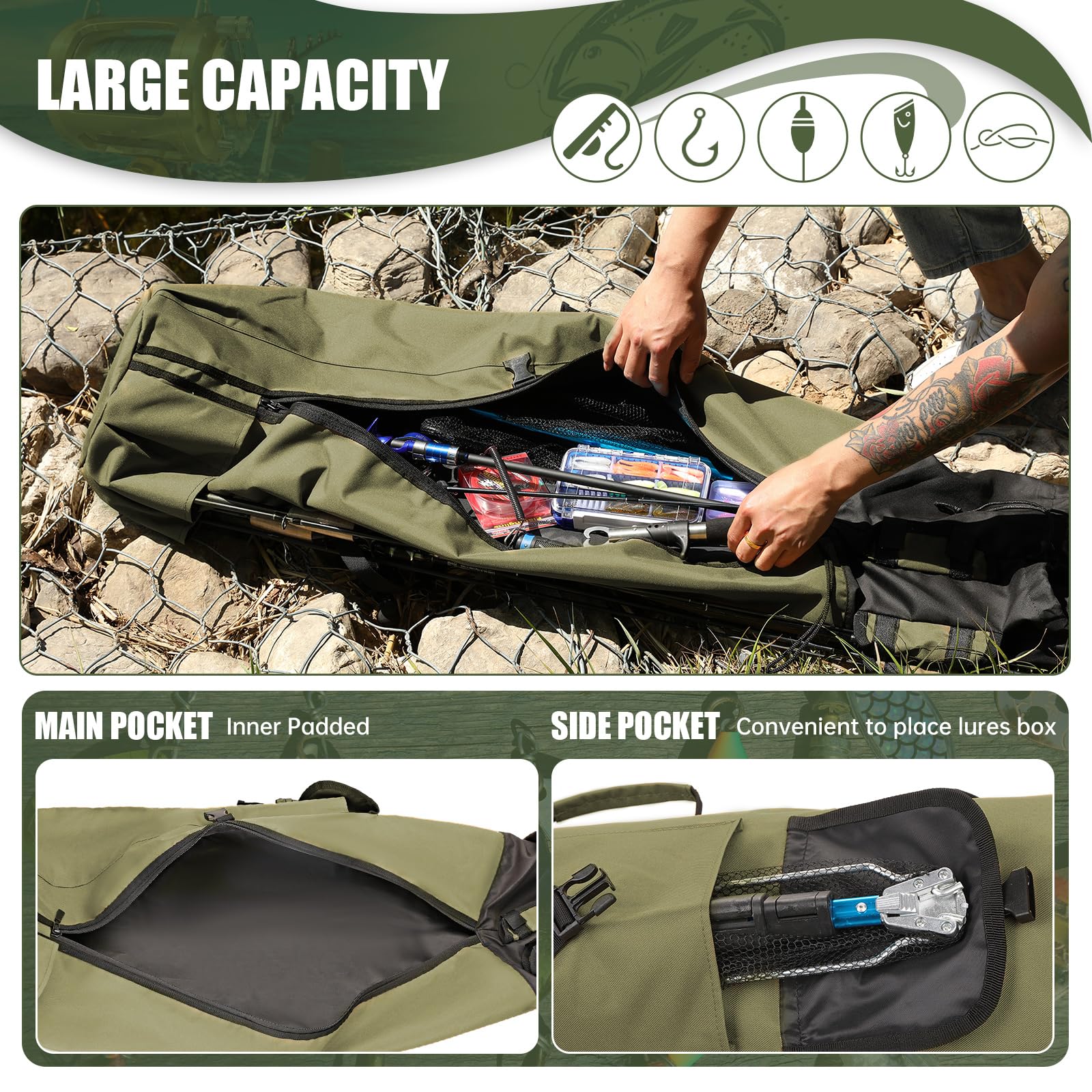 Wowelife green bag with a waterproof zipper protecting gear from moisture.