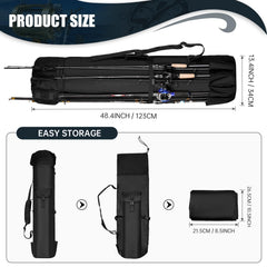 Wowelife Fishing Rod Carrier Bag dimensions illustrating long capacity for five rods
