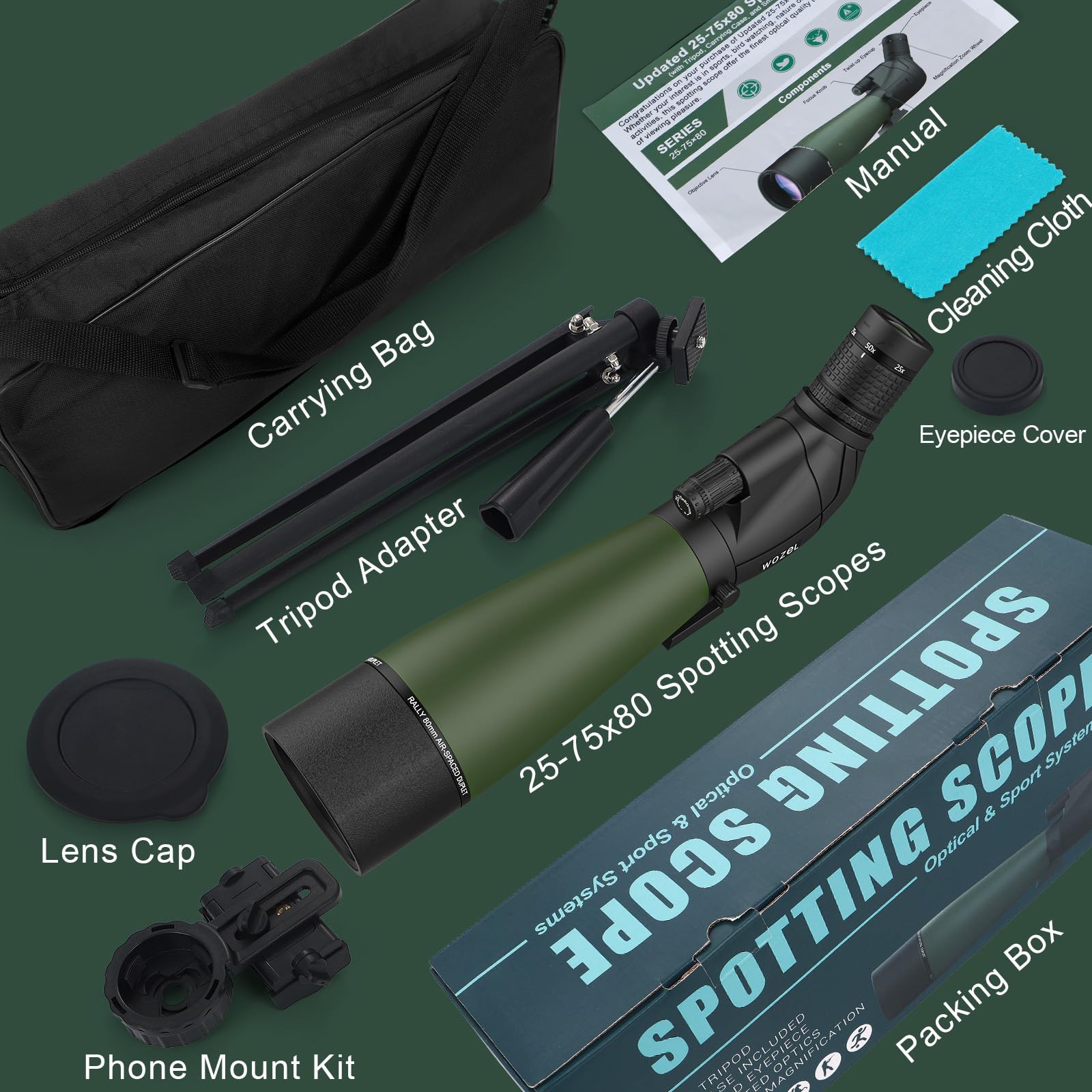 WOZEL carry case and accessories organized for travel-ready setup.