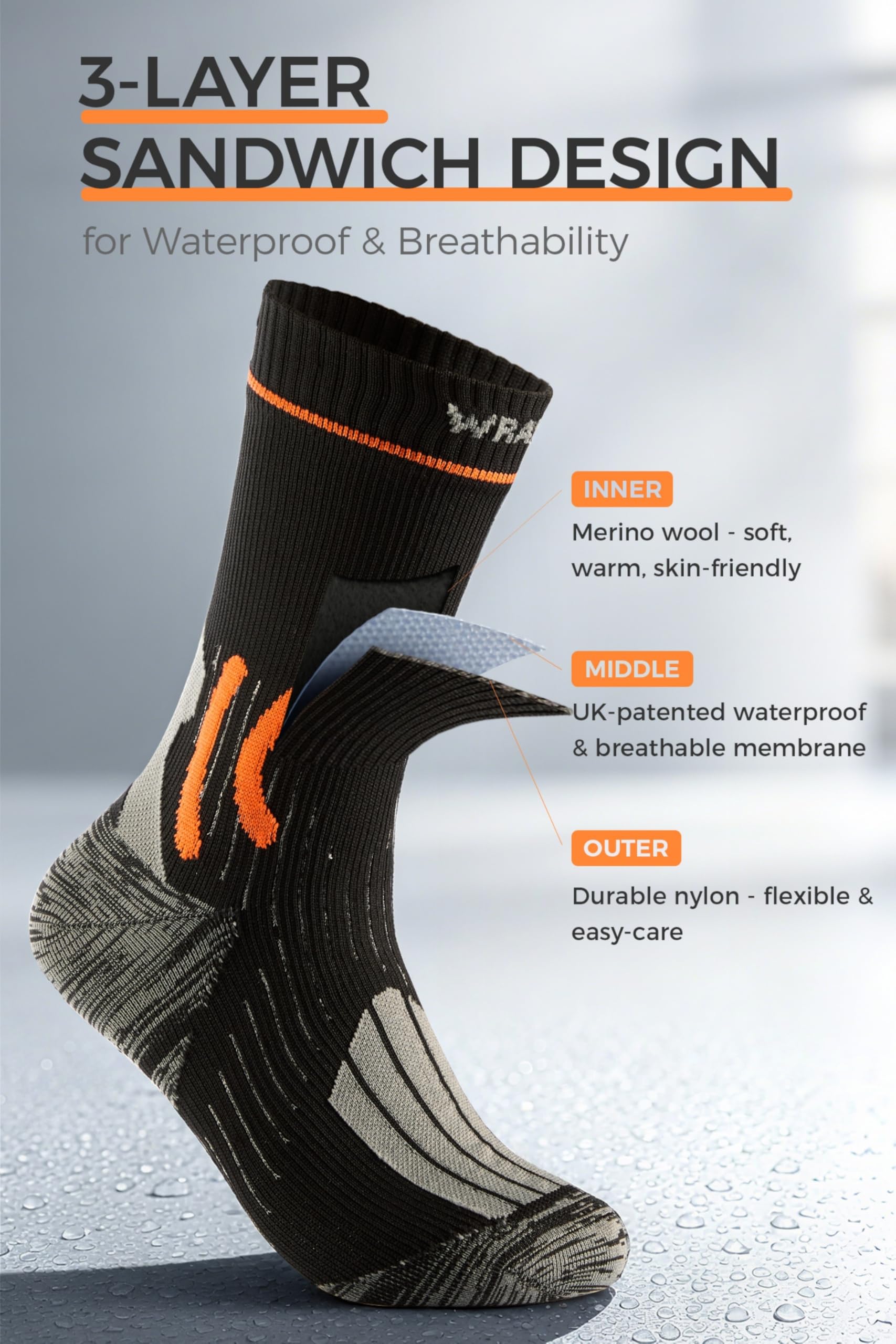 WRAP ME socks with reinforced toes and heels for durability in rugged use