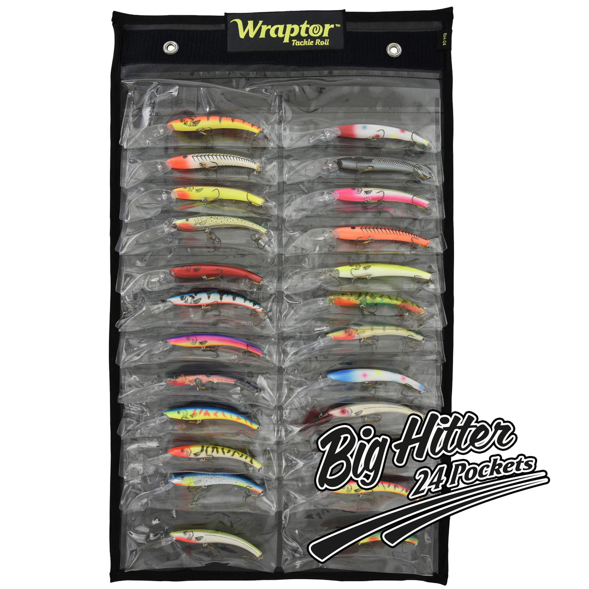 Wraptor Big Hitter opened view shows 24 clear pockets for easy lure organization.
