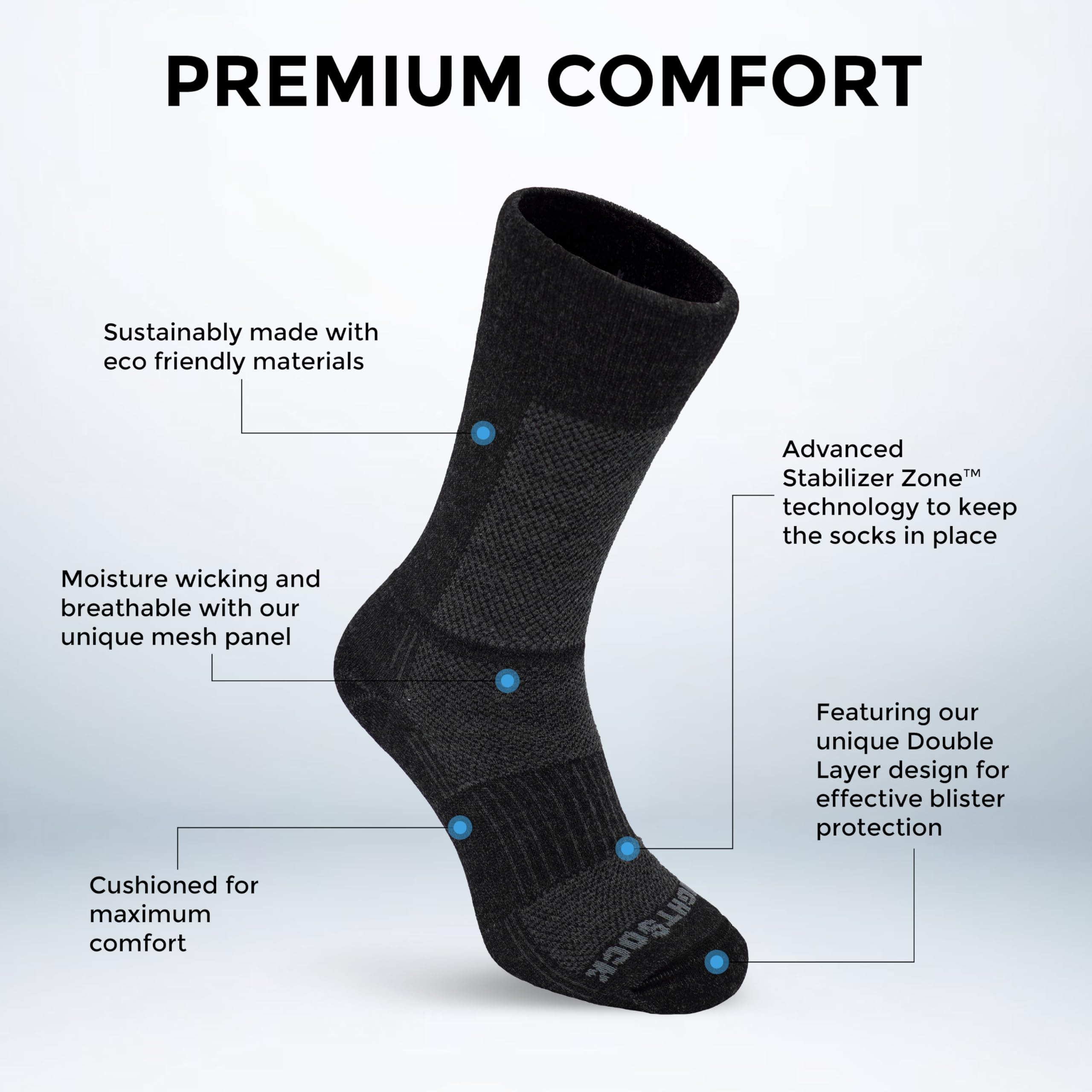 Wrightsock Merino Coolmesh II Crew outer merino-wool layer regulates temperature for year-round wear.