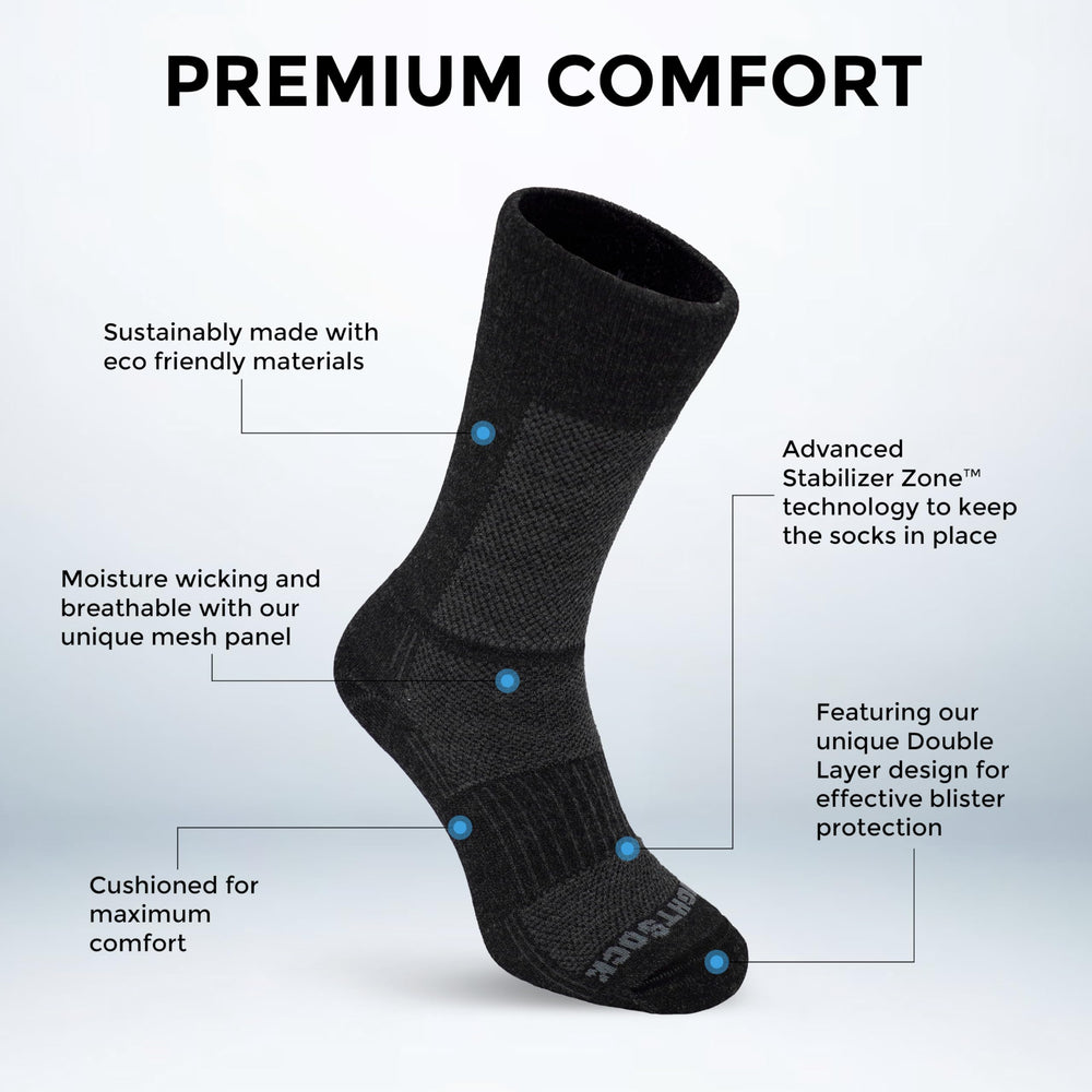 Wrightsock Merino Coolmesh II Crew outer merino-wool layer regulates temperature for year-round wear.