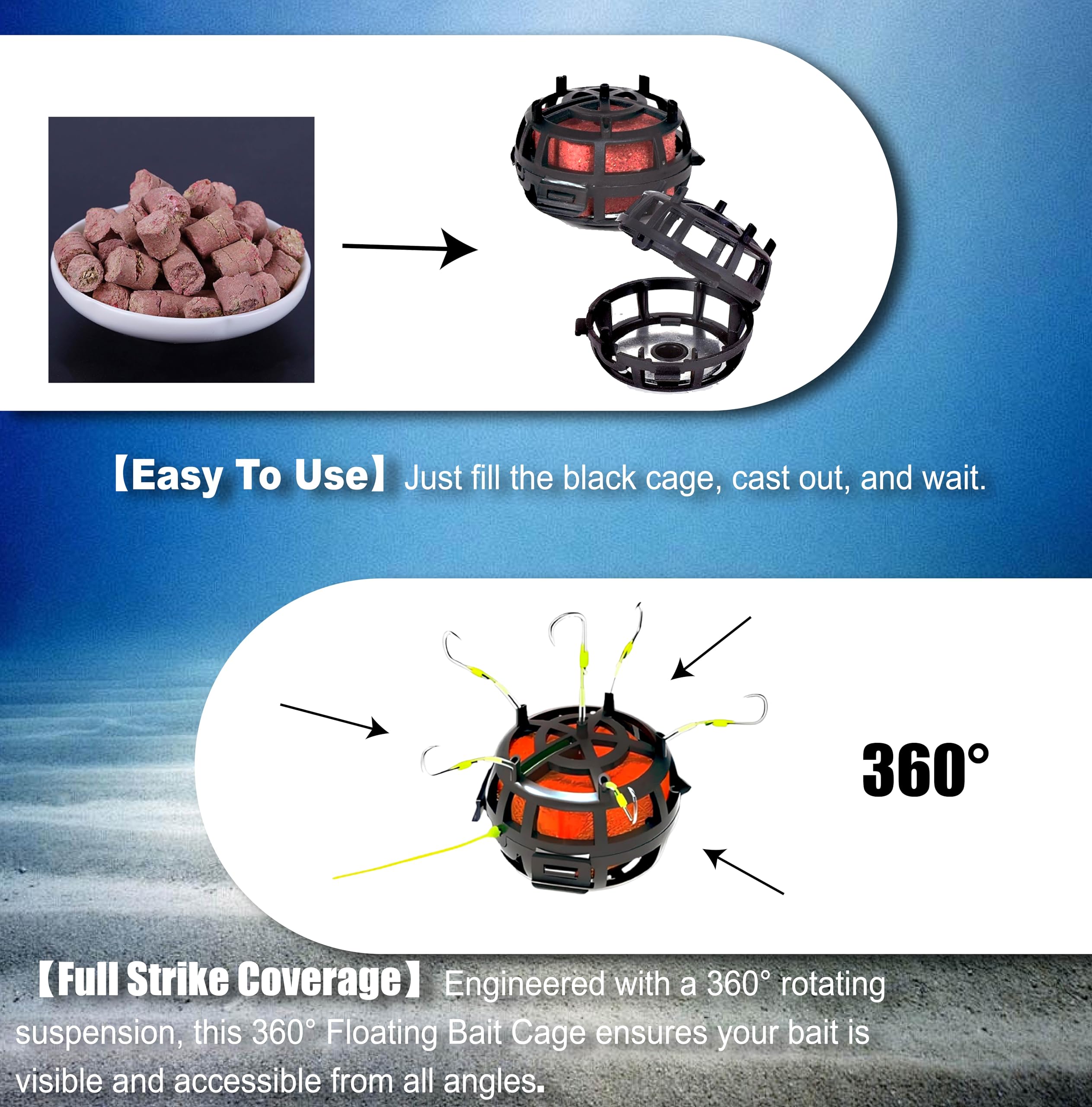 Six ultra-sharp hooks on bait cage system