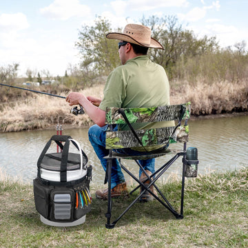 All-in-one fishing gear organizer shown with bucket and accessories