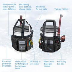 Ice fishing tackle bag with rod and plier holders by WTVIDAS