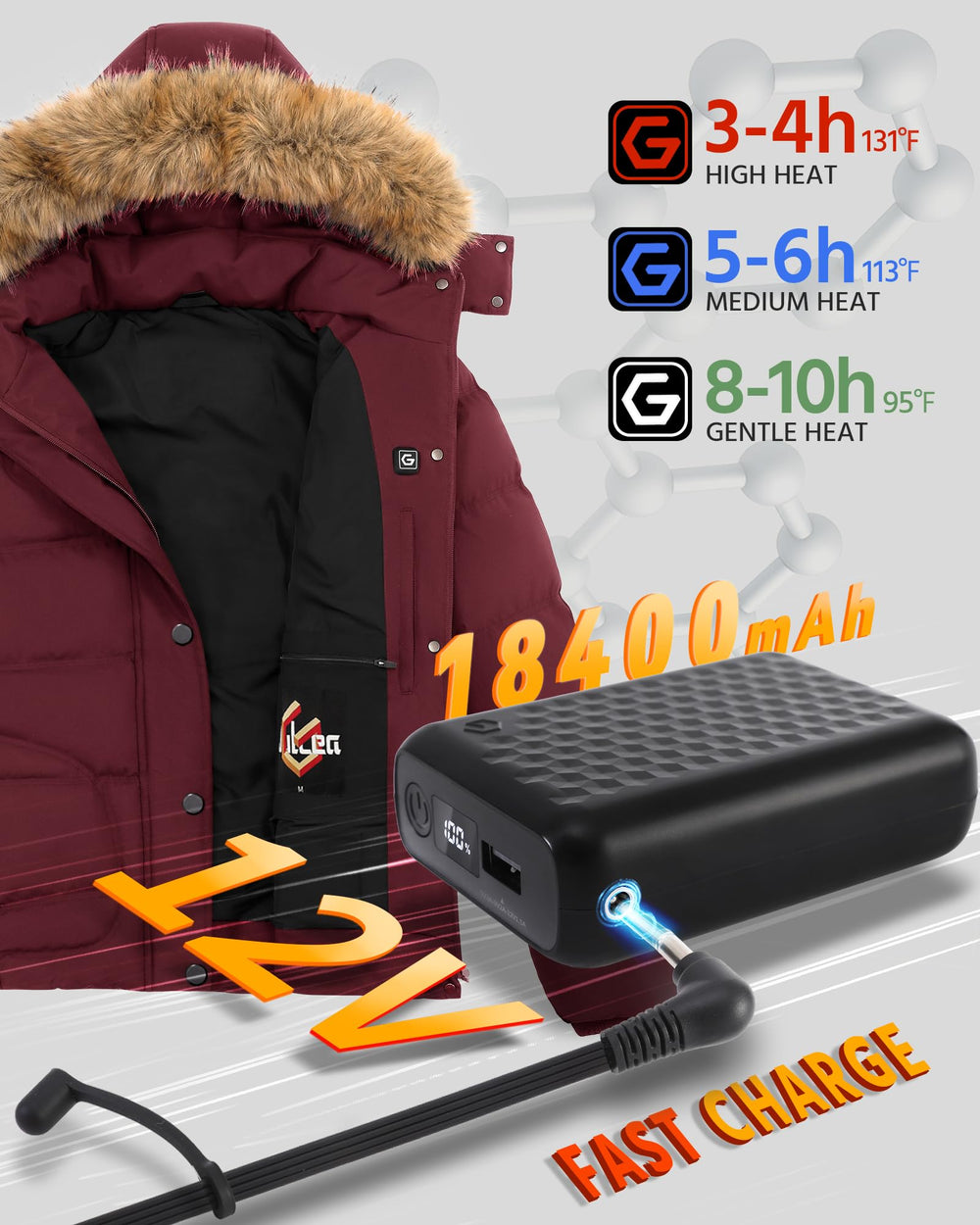 Wulcea battery 18400mAh pack shown for long-lasting heat on outdoor trips