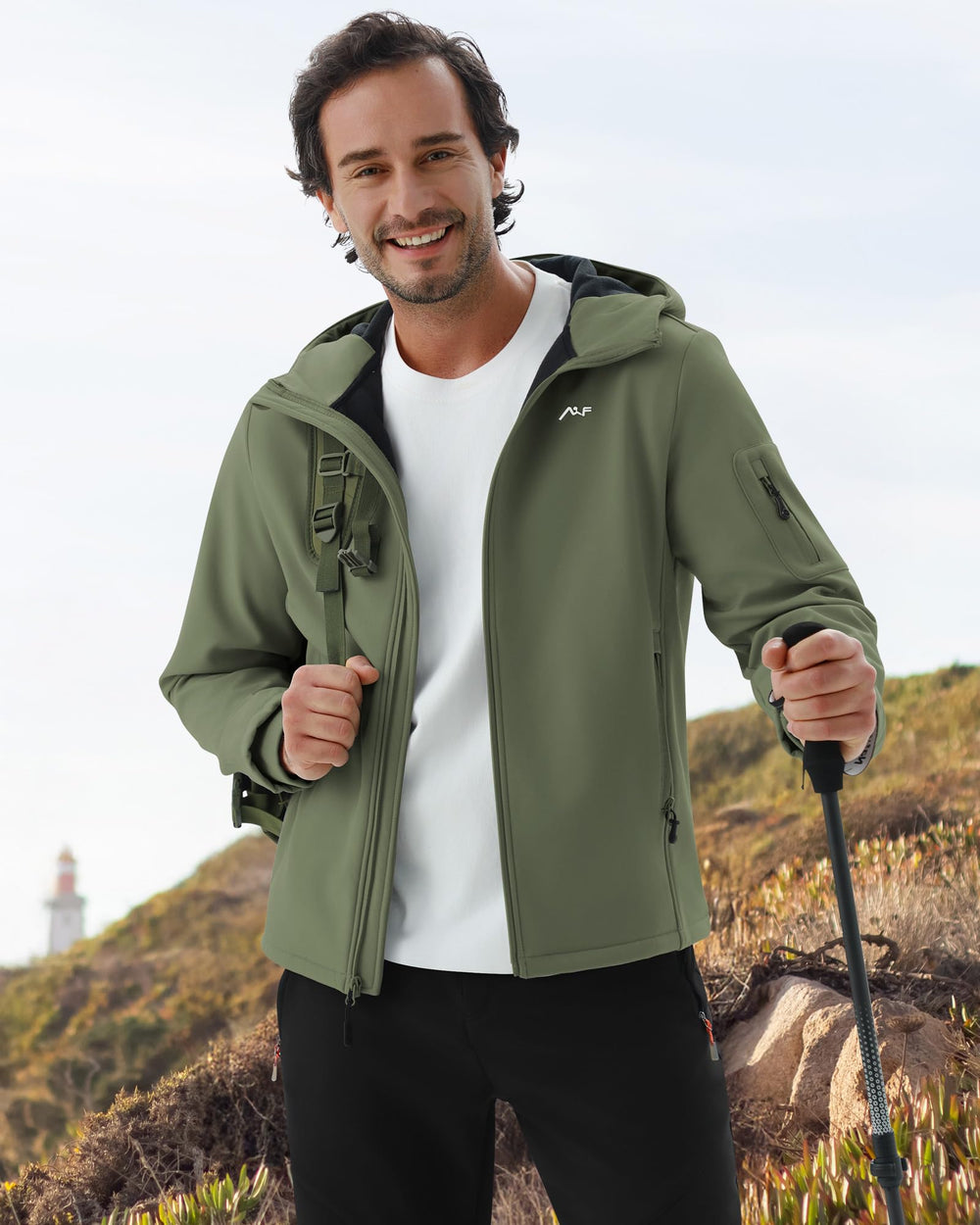 WULFUL men's softshell hood drawcord adjustable fit blocks wind during spring rides.