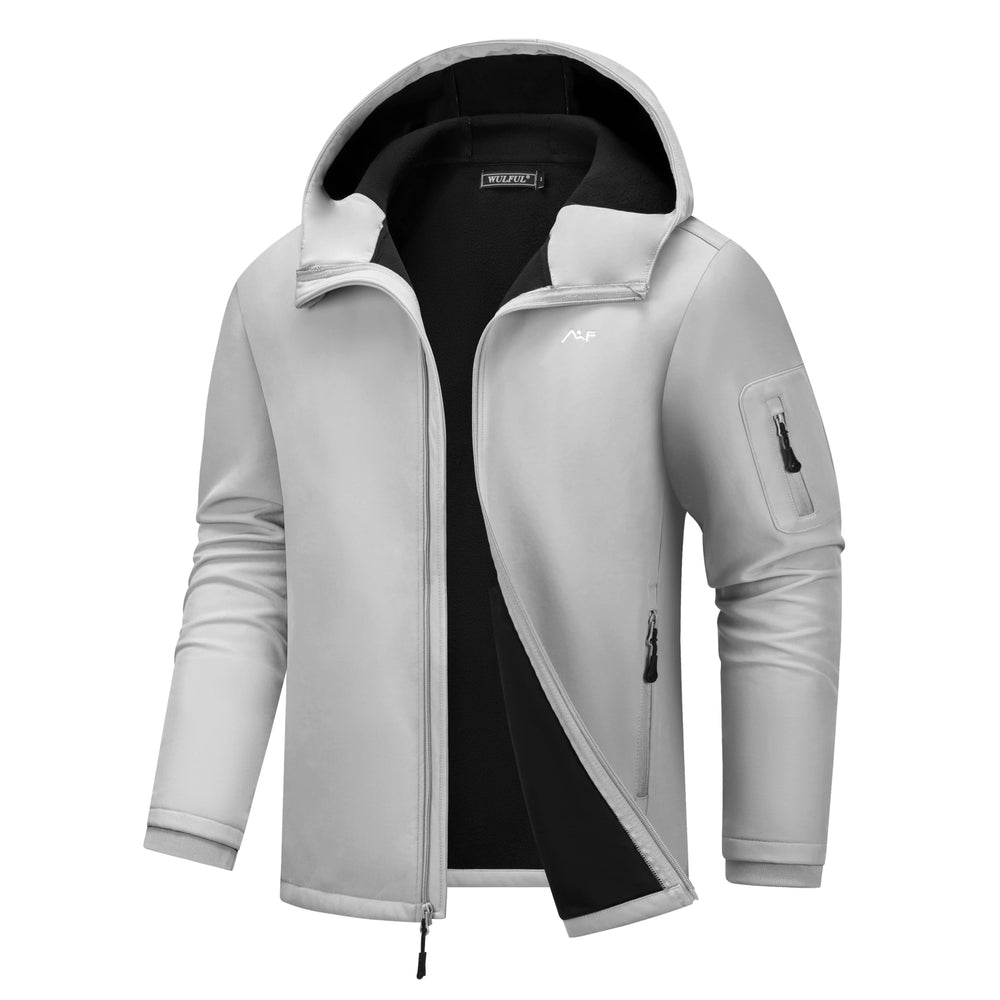 WULFUL men's softshell jacket with hood showing waterproof protection for rainy hikes