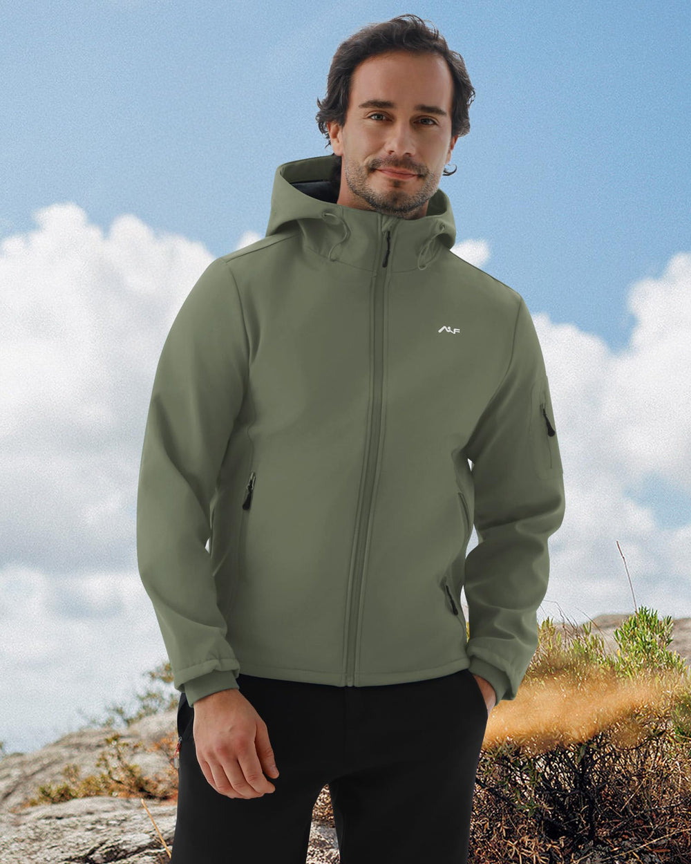 WULFUL men's softshell jacket adjustable hood demonstrates wind protection