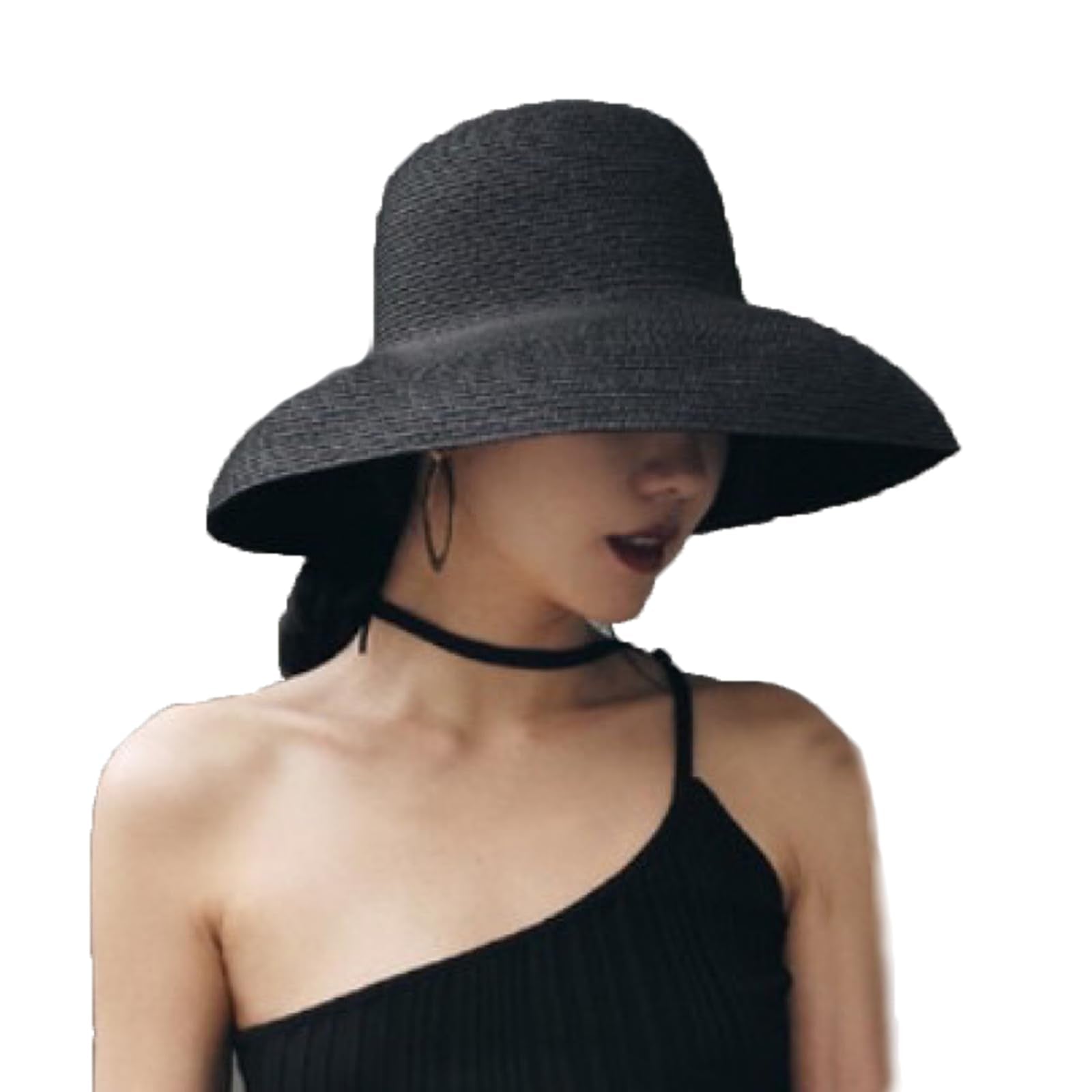 Front view of WUODHTW women's floppy wide brim straw sun hat in black