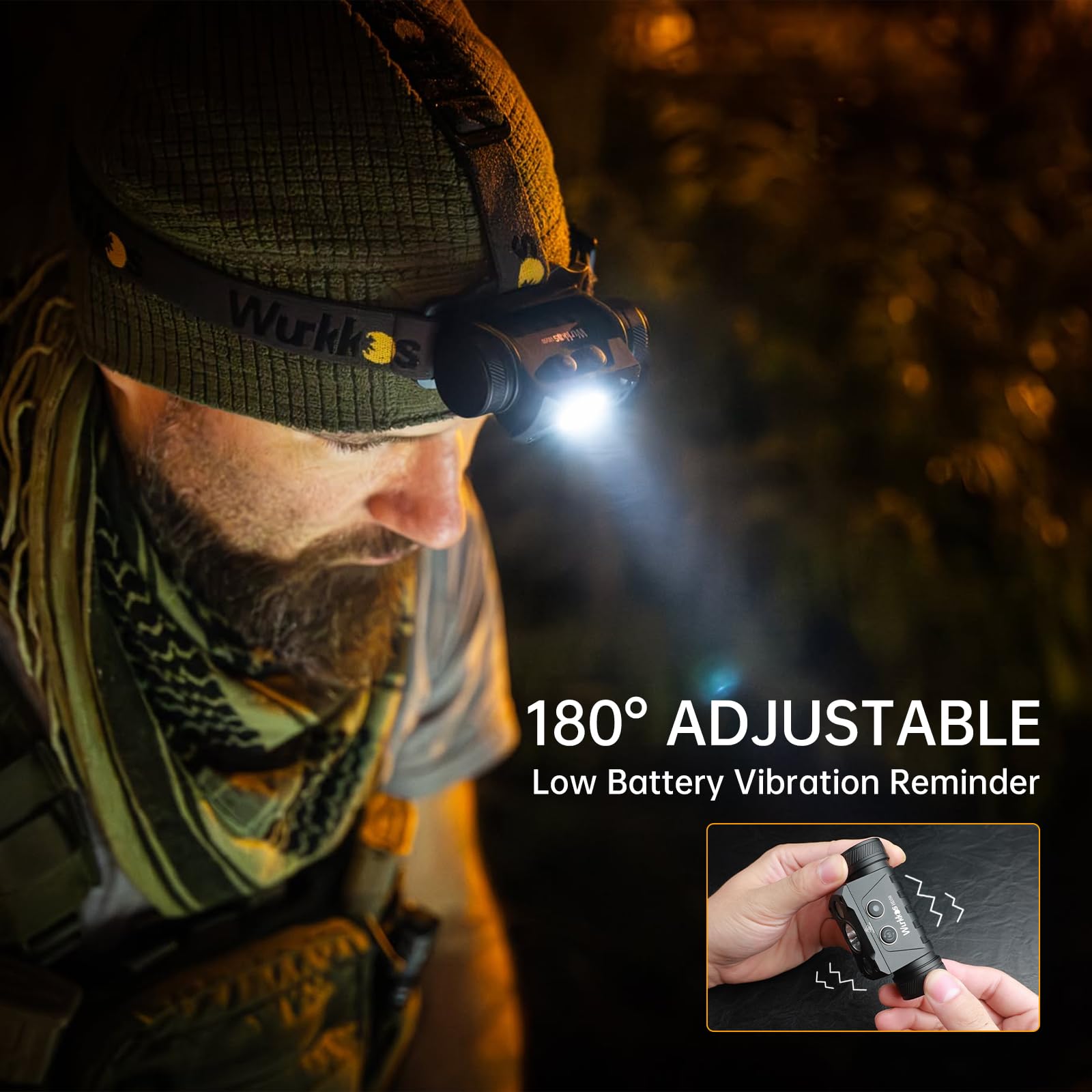 Wurkkos HD50 headlamp rotated 180 degrees for versatile angle adjustments.