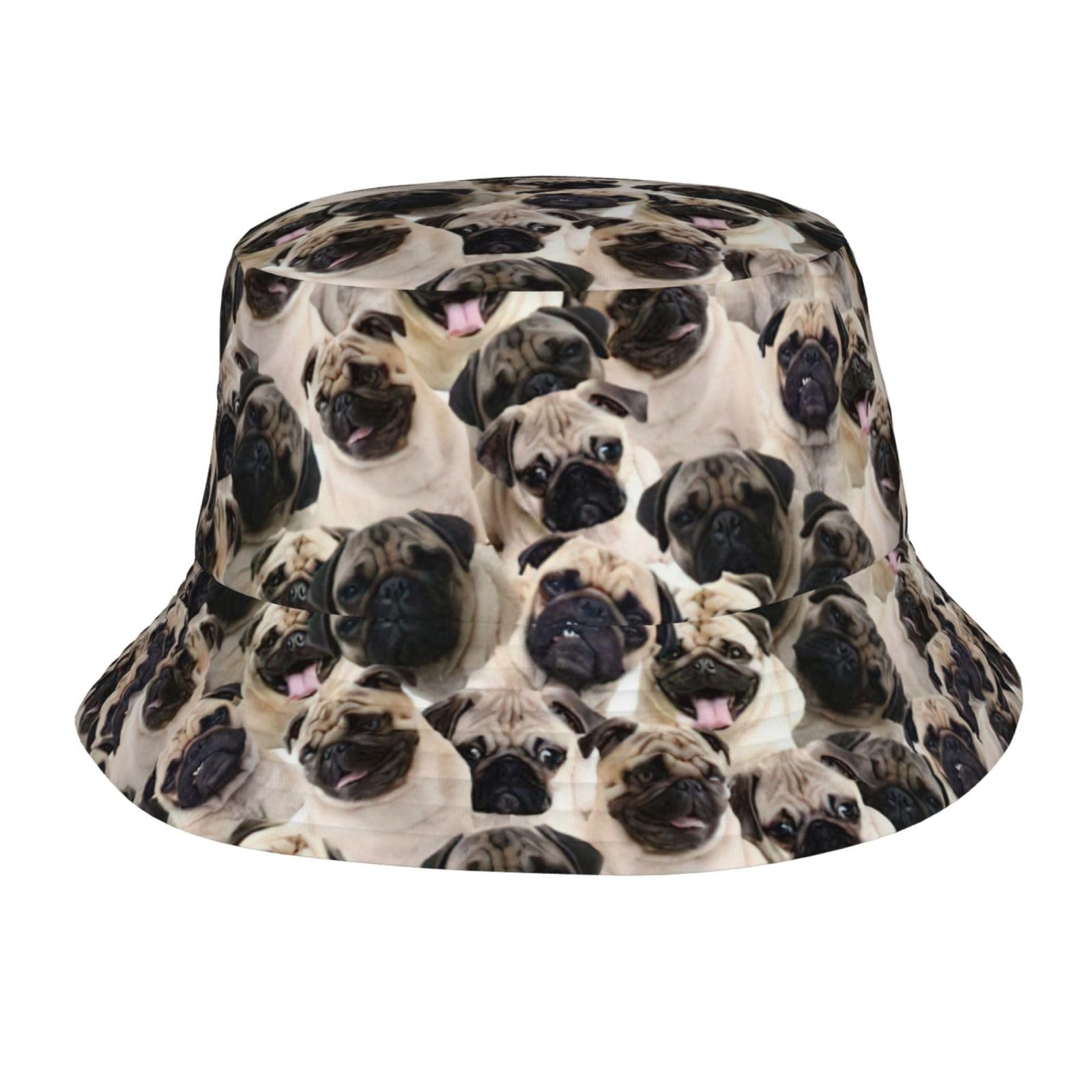WURTON pug-print bucket hat in sunny outdoors for stylish sun protection