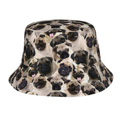 WURTON pug-print bucket hat in sunny outdoors for stylish sun protection
