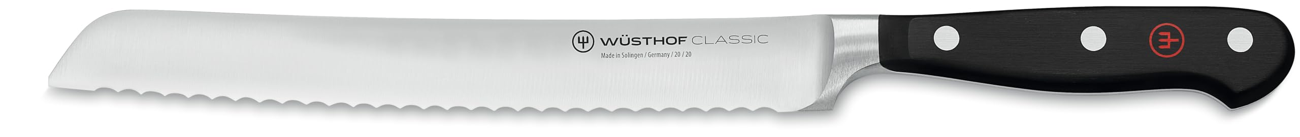 Wüsthof Classic 8-Inch bread knife blade close-up for precise crust slicing.