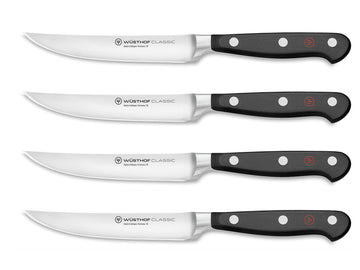 Wüsthof Classic blades close-up showing razor-sharp precision for clean cuts.