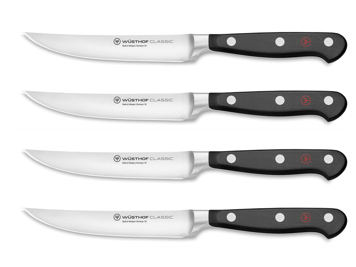 Wüsthof Classic blades close-up showing razor-sharp precision for clean cuts.