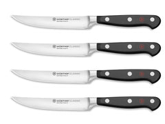 Wüsthof Classic blades close-up showing razor-sharp precision for clean cuts.