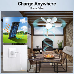 WVMNQO solar panel and fan assembly demonstrates compact, travel-ready cooling.