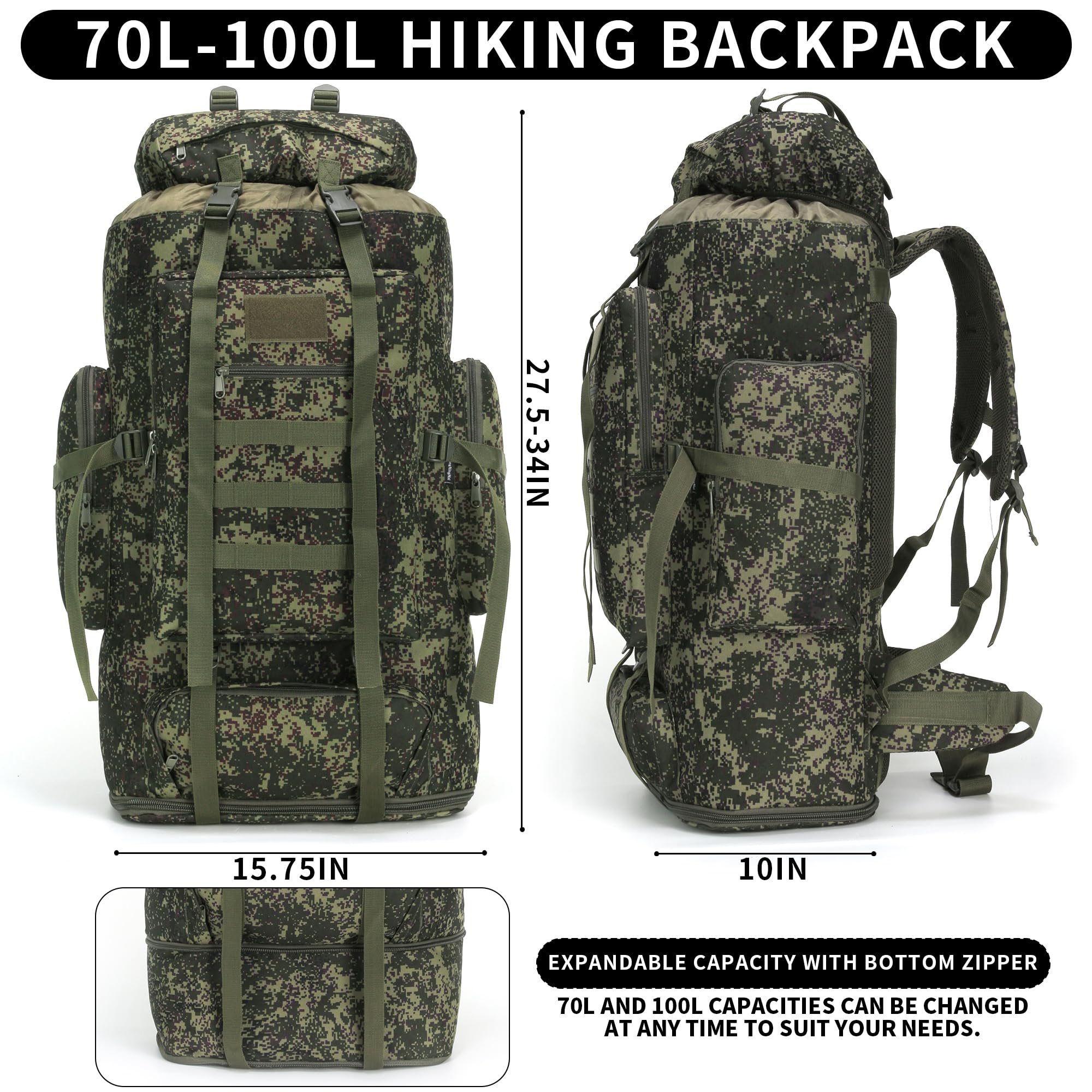 W WINTMING 70L backpack side view demonstrates load distribution for comfortable carry.